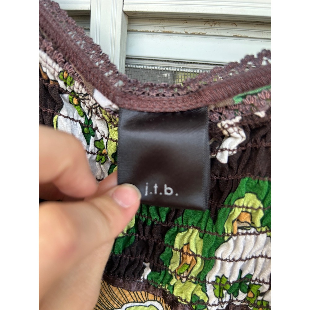 Y2k Brown Green Floral Psychedelic Smocked Babydoll Square Neck Top Retro Boho - Picture 3 of 10
